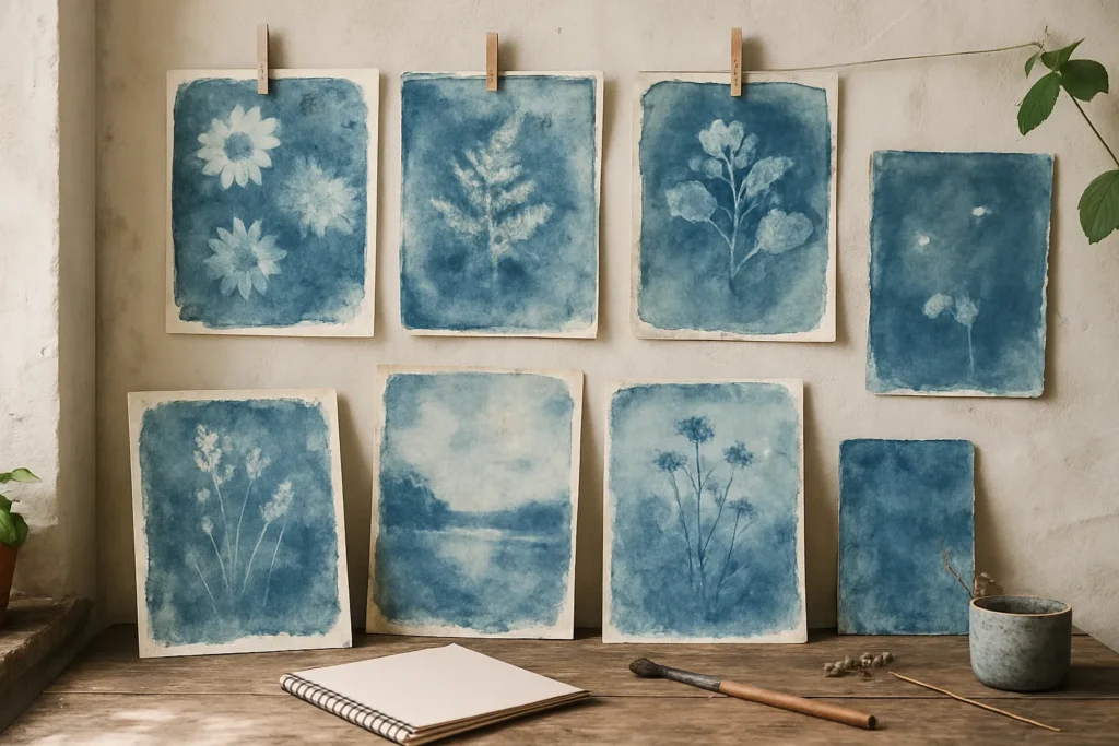 Demonstração visual sobre como corrigir erros na cianotipia com exemplos de manchas e efeitos indesejados