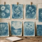 Demonstração visual sobre como corrigir erros na cianotipia com exemplos de manchas e efeitos indesejados