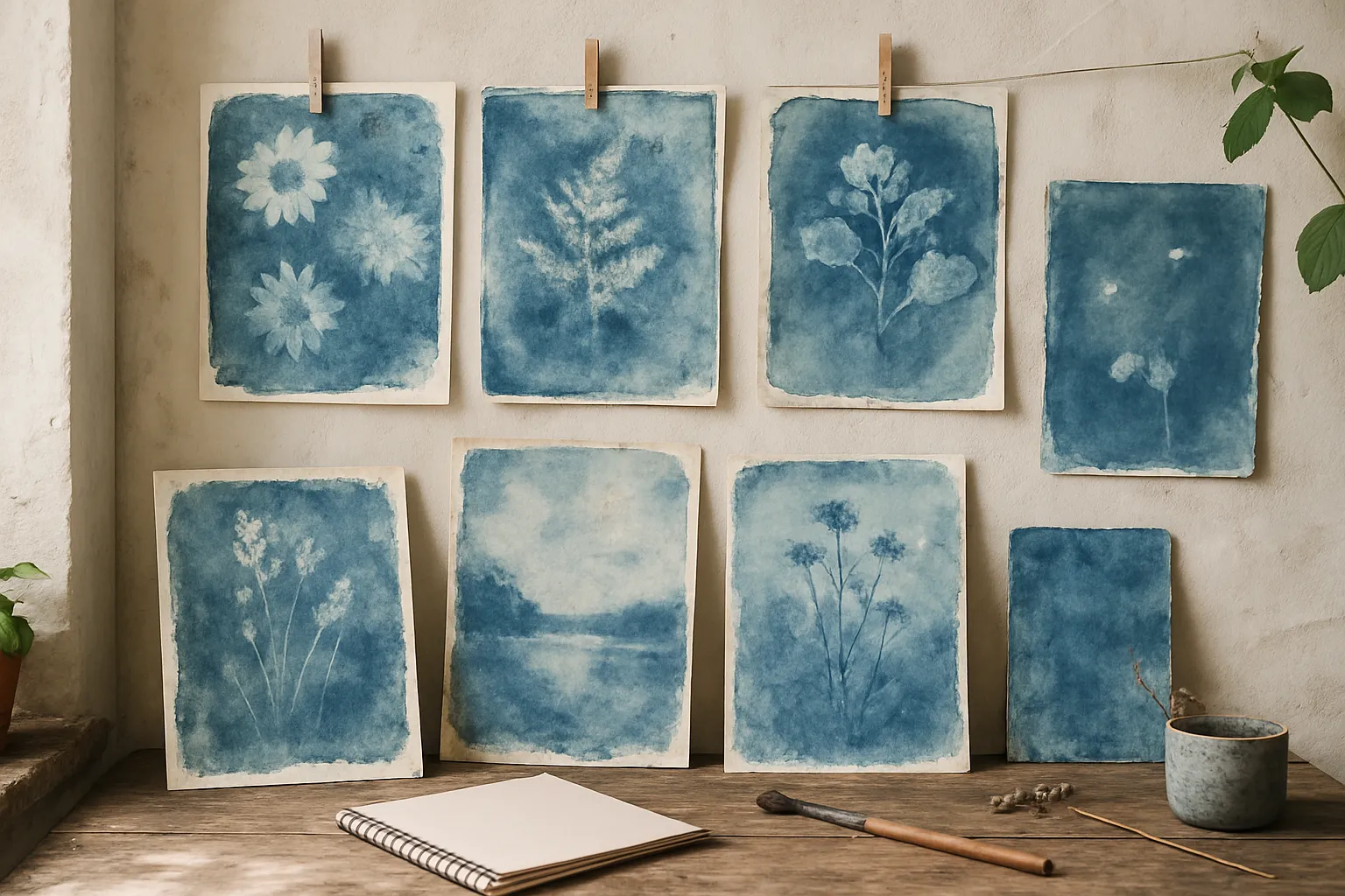 Demonstração visual sobre como corrigir erros na cianotipia com exemplos de manchas e efeitos indesejados