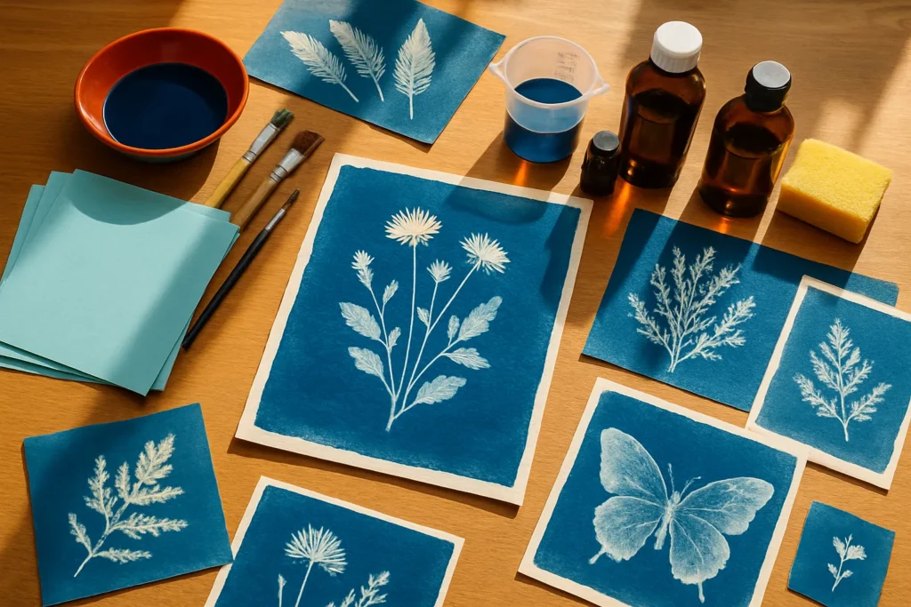 Mesa com materiais organizados sobre como escolher materiais para cianotipia