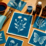 Mesa com materiais organizados sobre como escolher materiais para cianotipia