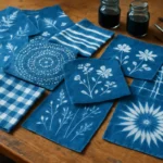 Tecido com cianotipia e materiais de arte sobre como fazer cianotipia em tecido