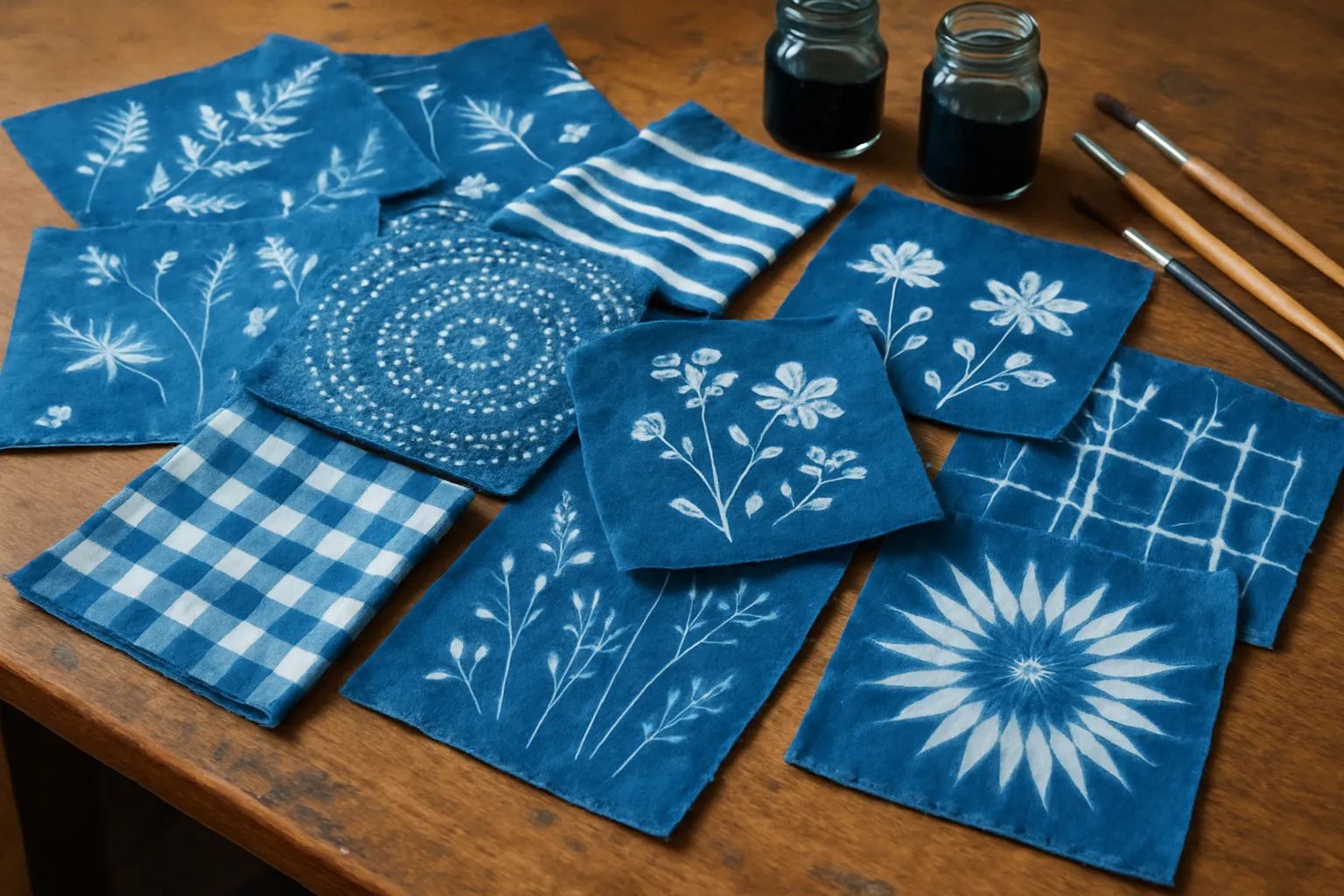 Tecido com cianotipia e materiais de arte sobre como fazer cianotipia em tecido