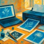 Imagem mostrando o processo de como fazer negativo digital para cianotipia com impressora jato de tinta e materiais de fotografia