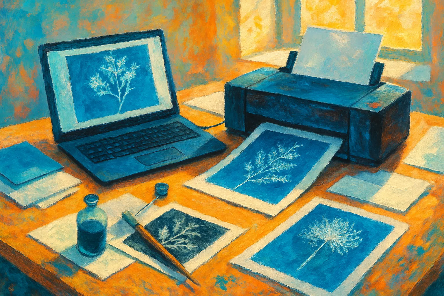 Imagem mostrando o processo de como fazer negativo digital para cianotipia com impressora jato de tinta e materiais de fotografia