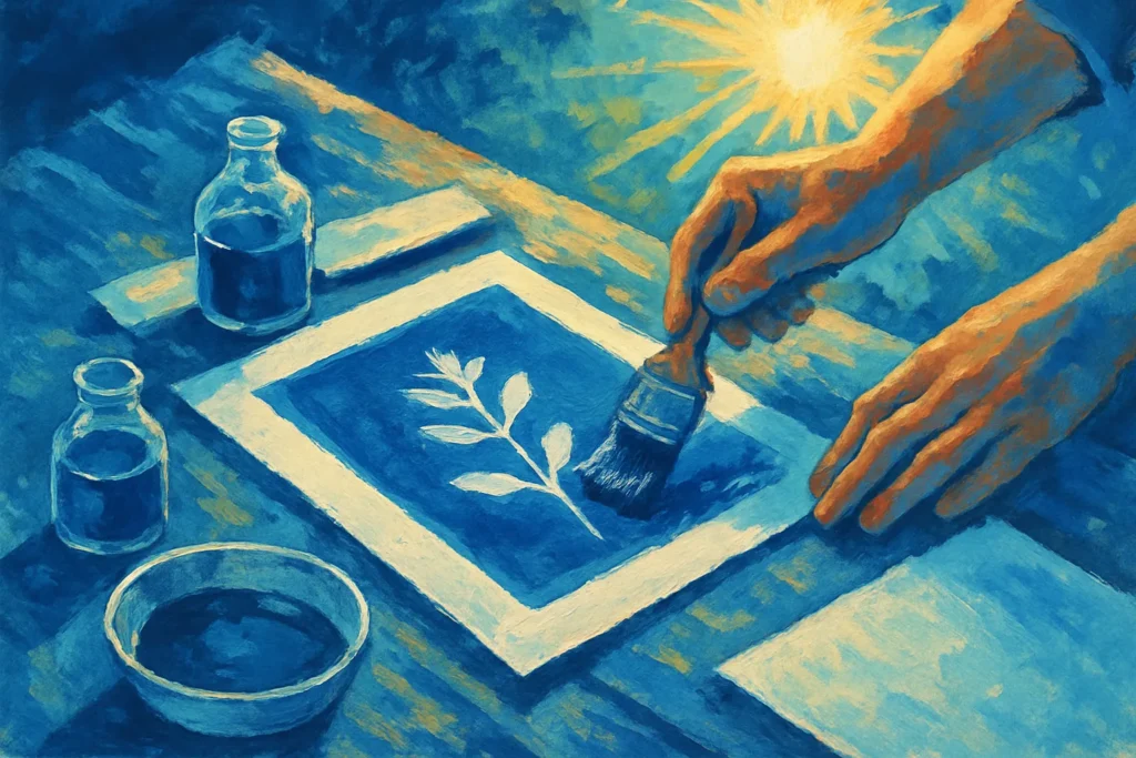 Material e processo do curso de cianotipia em destaque, demonstrando a técnica fotográfica.